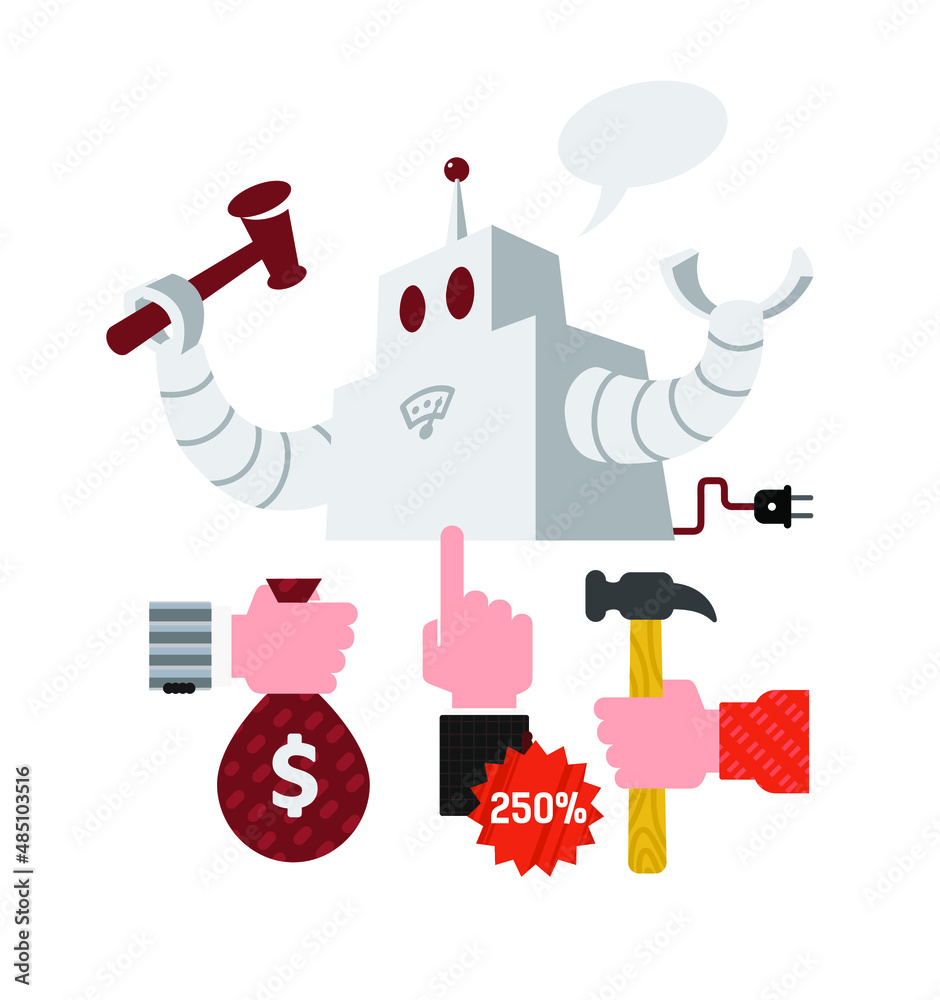 Robot with a hammer. Image of automated auctions. Vector. Hand with a bag of dollars and other items. All elements are isolated on a white background. Flat style.