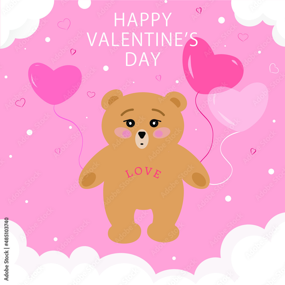 Cute bear with balloons on a pink background in the clouds, Valentine's Day. Illustration for greeting cards, paper packaging, posters and design.