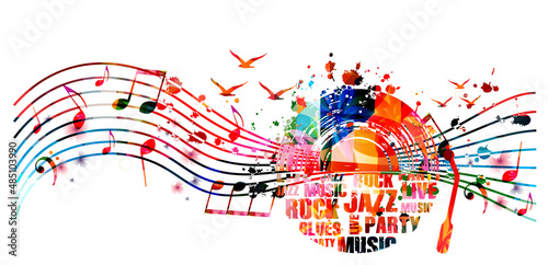 Colorful LP vinyl record disc with musical notes for live jazz, blues, rock concert events, music festivals and shows, party flyers, invitations. Musical poster for club party vector illustration