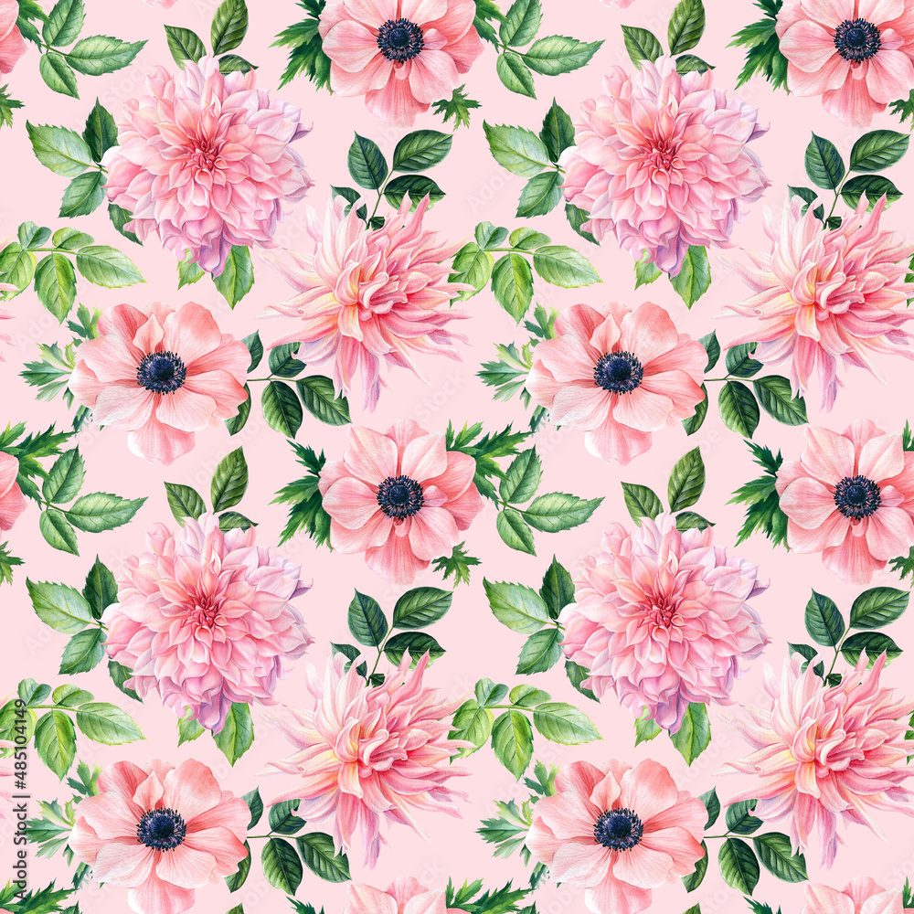 Delicate flowers. Seamless pattern with dahlia, roses, anemones. watercolor floral hand drawn Delicate flowers. Seamless pattern with dahlia, roses, anemones. watercolor floral hand drawn