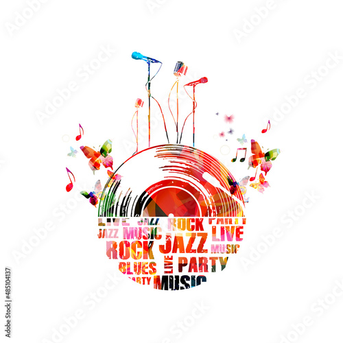Colorful microphones with LP record disc isolated for live jazz, blues, rock concert events, music festivals, shows, party flyers, invitations. Musical poster for karaoke singing vector illustration