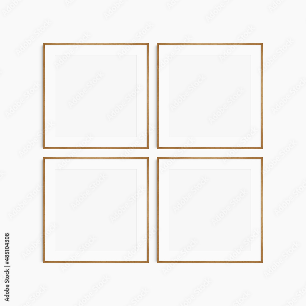 Frame mockup 1:1 square. Set of four thin cherry wood frames. Clean, modern, minimalist, bright gallery wall mockup, set of 4 square frames with a mat opening. Frame mockup 1:1 square. Set of four thin cherry wood frames. Clean, modern, minimalist, bright gallery wall mockup, set of 4 square frames with a mat opening.