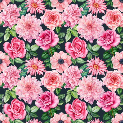Seamless pattern with watercolor hand draw wild flowers, background with dahlia, roses, anemones. 