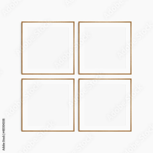 Frame mockup 1:1 square. Set of four thin cherry wood frames. Clean, modern, minimalist, bright gallery wall mockup, set of 4 square frames with a mat opening.