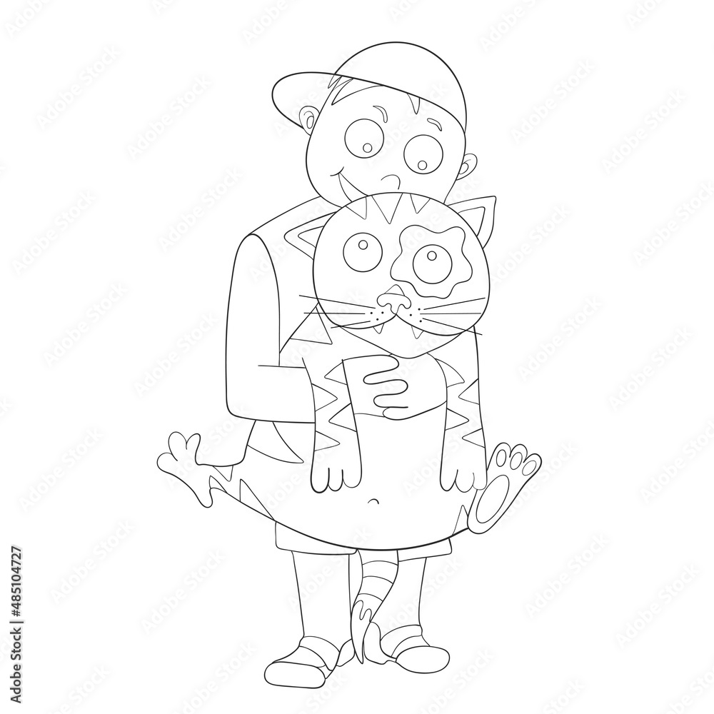 The boy hugs the cat. Love. Friendship childhood isolated on white background. Vector illustration The boy hugs the cat. Love. Friendship childhood isolated on white background. Vector illustration