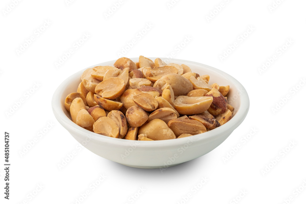 Roasted peanuts in white bowl isolated on white background with clipping path