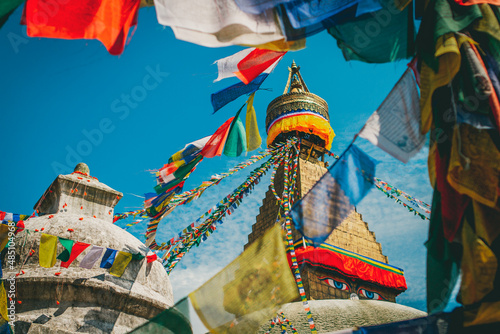 Bodhnath Stupa with dove in summer Kathmandu Nepal