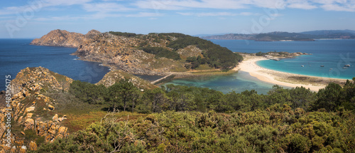 Panoramic Aerial View of Stunning Landscape in the Cies Islands Natural Park, Galicia, Spain