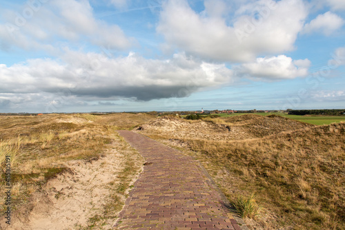 A pathway through the dunes to a small town in the Netherlands on a cloudy day