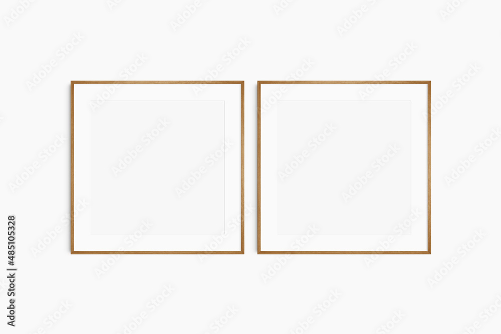 Frame mockup 1:1 square. Set of two thin cherry wood frames. Clean, modern, minimalist, bright gallery wall mockup, set of 2 square frames with a mat opening.