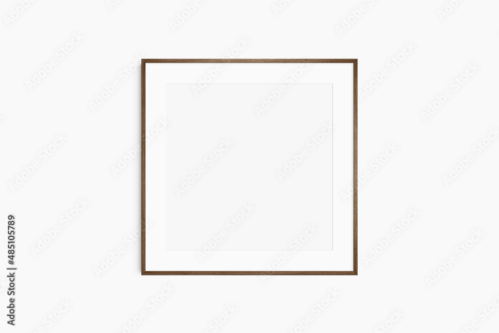Frame mockup 1:1 square. Single thin dark brown walnut wood frame mockup. Clean, modern, minimalist, bright. Square frame mockup with a mat opening. Frame mockup 1:1 square. Single thin dark brown walnut wood frame mockup. Clean, modern, minimalist, bright. Square frame mockup with a mat opening.