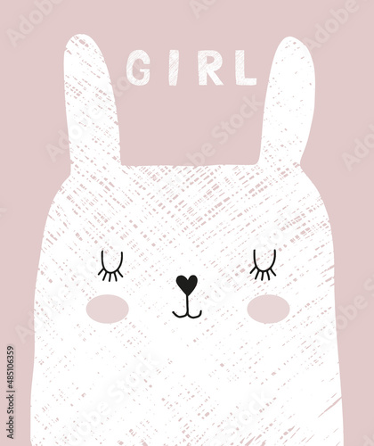 Cute Hand Drawn White Dreamy Rabbit Vector Illustration. Lovely Nursery Art with Funny Bunny And Handwritten Girl Isolated on a Light Pink Background. Kids Room Decoration. Baby Shower Print.