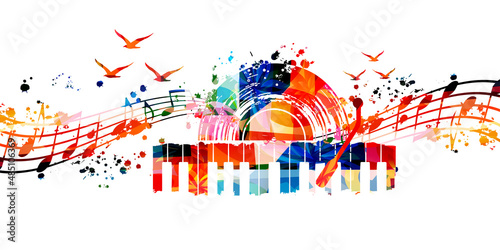 Colorful LP vinyl record disc with musical notes for live jazz, blues, rock concert events, music festivals and shows, party flyer, invitation. Musical poster with piano keyboard vector illustration