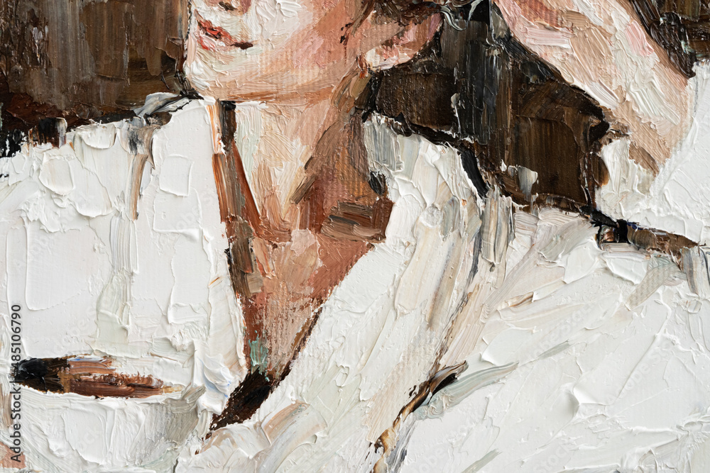 The girl in a white robe.  A woman is drinking coffee. Oil painting on canvas.
