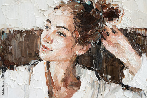 Fototapeta Naklejka Na Ścianę i Meble -  The girl in a white robe.  A woman is drinking coffee. Oil painting on canvas.