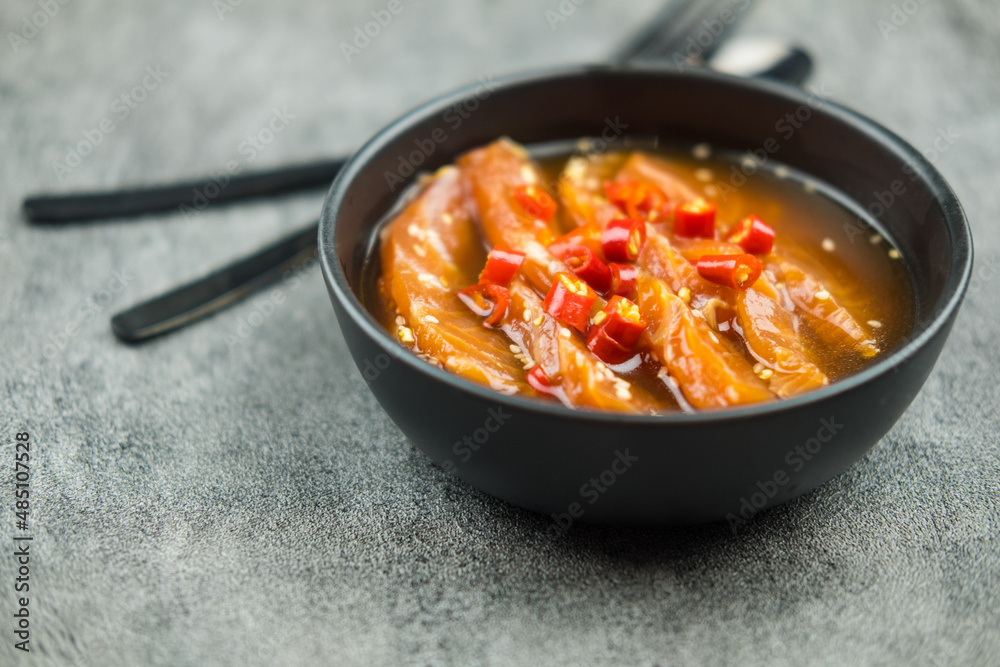 Fresh salmon raw marinated shoyu or salmon pickled soy sauce Fresh salmon raw marinated shoyu or salmon pickled soy sauce