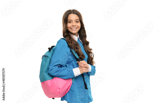 happy child long curly hair with school backpack isolated on white, back to school