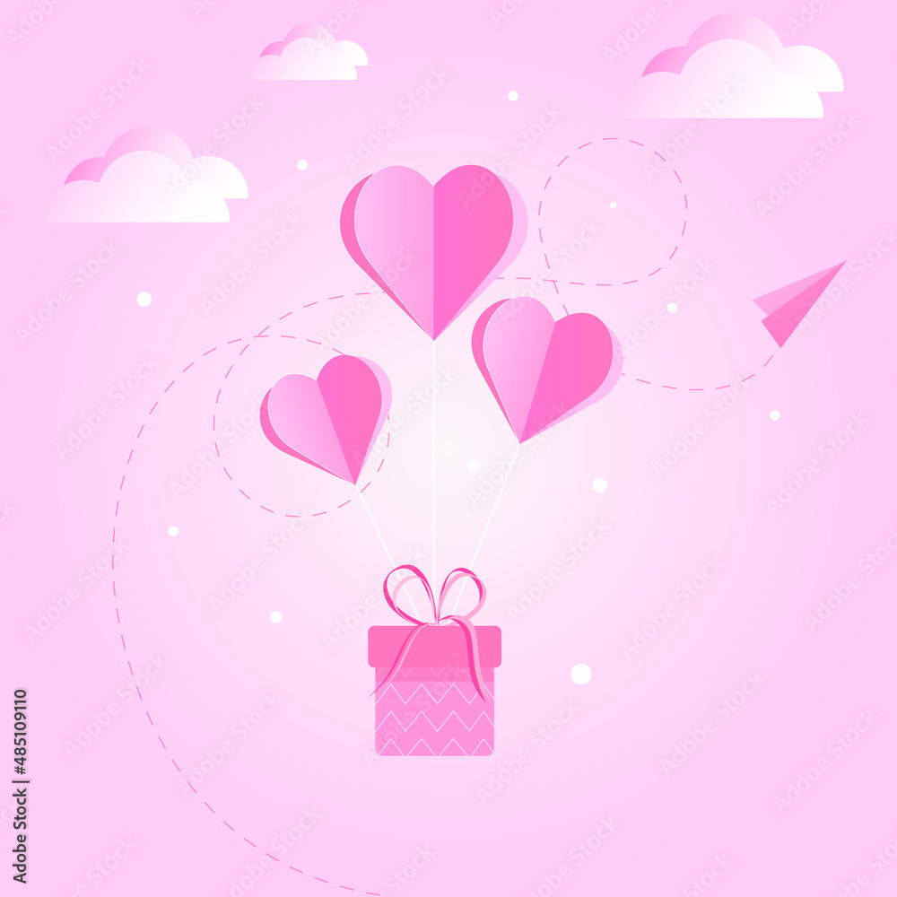 Valentine's day on a pink background with heart shaped balloons, gift wrapping, flying plane and clouds. Romantic poster. Illustration for greeting cards, paper packaging, posters and design.