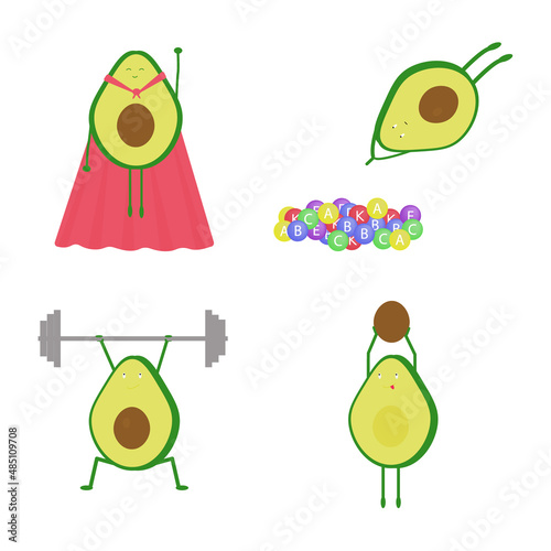 Set of illustrations with avocado sports and avocado superhero.