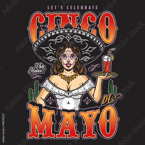 Waitress in sombrero emblem with inscription