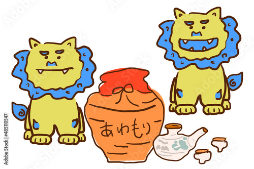 手描きの沖縄のシーサーと泡盛　イラスト素材