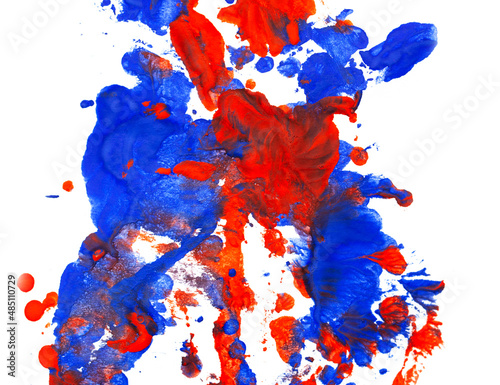 Drops of red and blue paint on a white background.