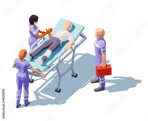 Medical staff  is carrying patient in stretcher Isometric style vector illustration