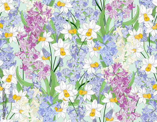 multicolored hyacinths and daffodils seamless