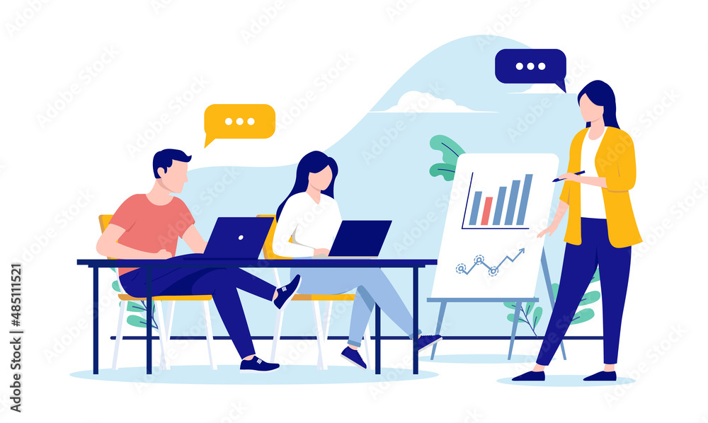 Business presentation vector people - Woman presenting chart and graph to colleagues. Results and data concept. Flat design illustration with white background - obrazy, fototapety, plakaty 