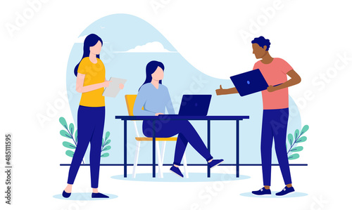 Vector people working - Diverse team of man and women doing computer work and thumbs up. Flat design on white background