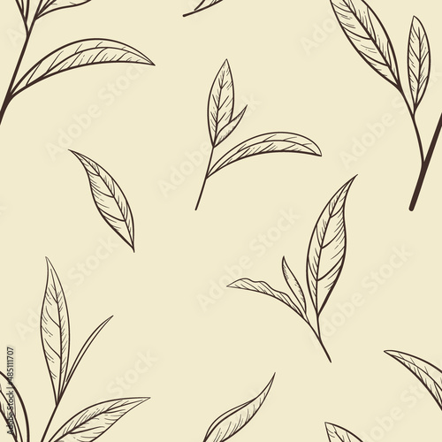 Green tea leaf hand drawn seamless pattern. Sketch tea organic food and drink. Vector illustration, seamless pattern on craft paper background. Plant leaves for printing and design