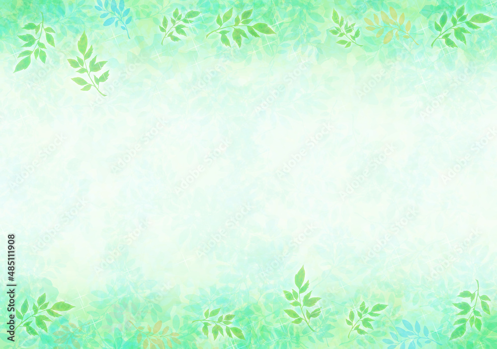 新緑のフレーム、若い葉、明るい緑〜水色