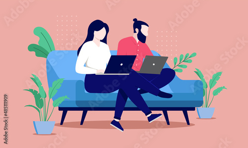 Couple working on computers in sofa - Two people, man and woman sitting in couch with laptops. Flat design vector illustration