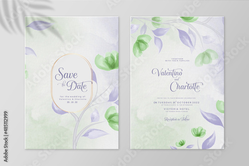 Watercolor Wedding Invitation Template with Purple and Green leaves