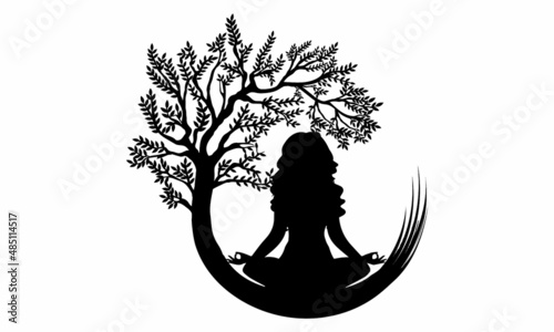Woman meditation with round tree Graphic for t-Shirt Design , poster, mug, calendar, book cover. meditation silhouette.