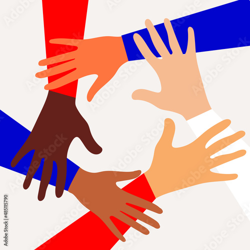 Hands of people of different nationalities and religions who stick together in a community in the fight for equality. Feminism concept for postcards, posters. Vector.
