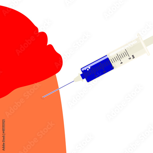 Vaccination. Syringe with needle and dose. The doctor makes an injection in the arm of a person to develop immunity to viruses and bacteria. Medicine and health. Vector.
