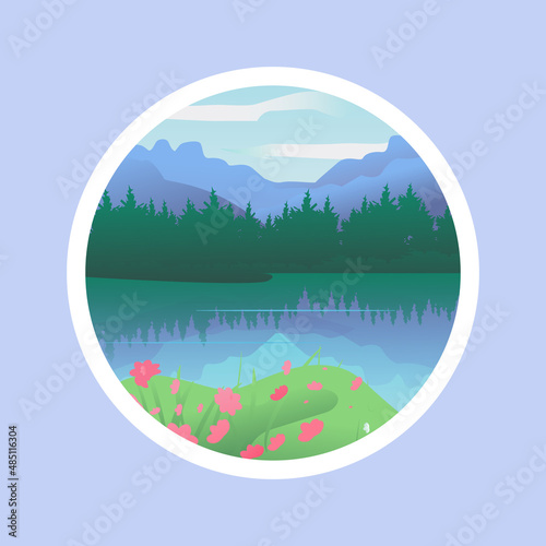 Mountain and river  spring landscape with flowers for banner, web site, social media. Editable vector illustration