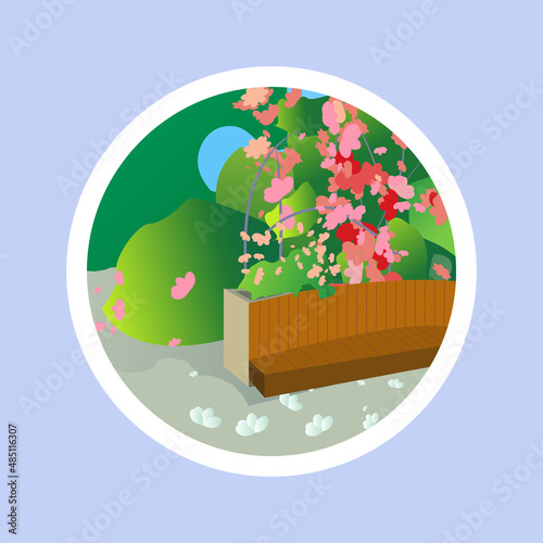Illustration of spring park with blooming trees and bench for banner, web site, social media. Editable vector illustration with summer camping, overnight near to bonfire in tent