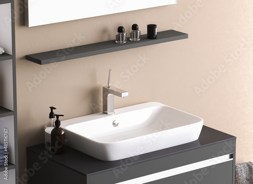 White  bathroom sink standing on a bathroom furniture. A square mirror hanging on a beige wall. A close up. Front view. 3d rendering photo