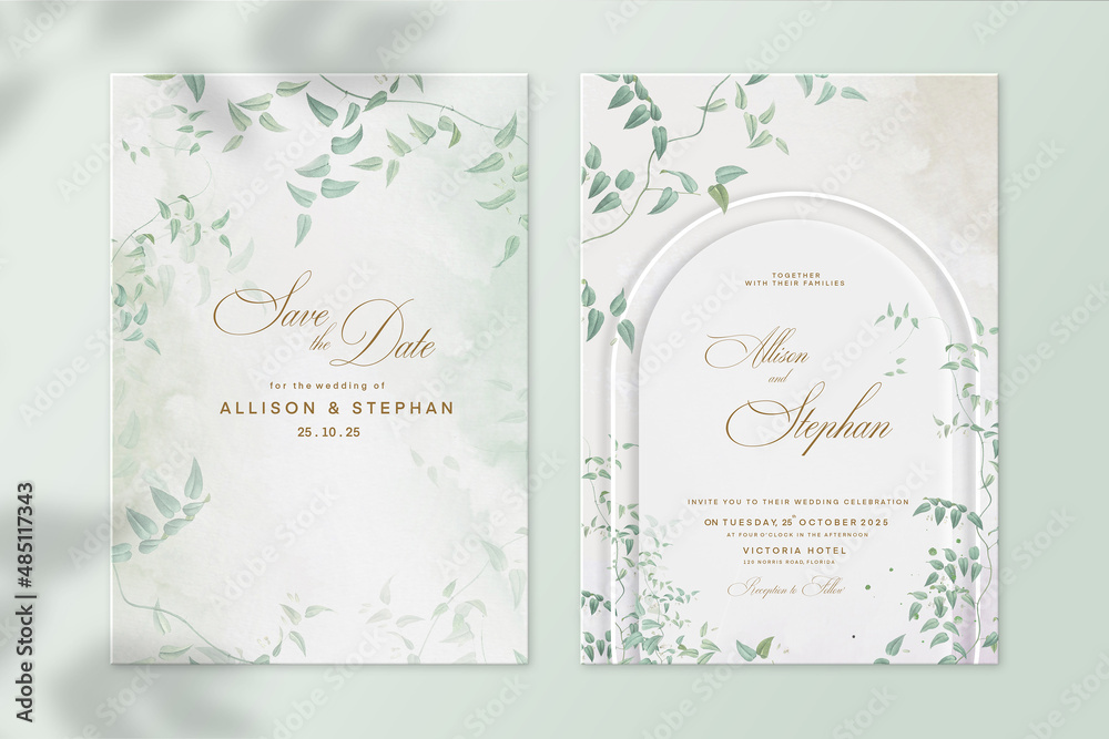 Geometric Wedding Invitation Template with Green Foliage