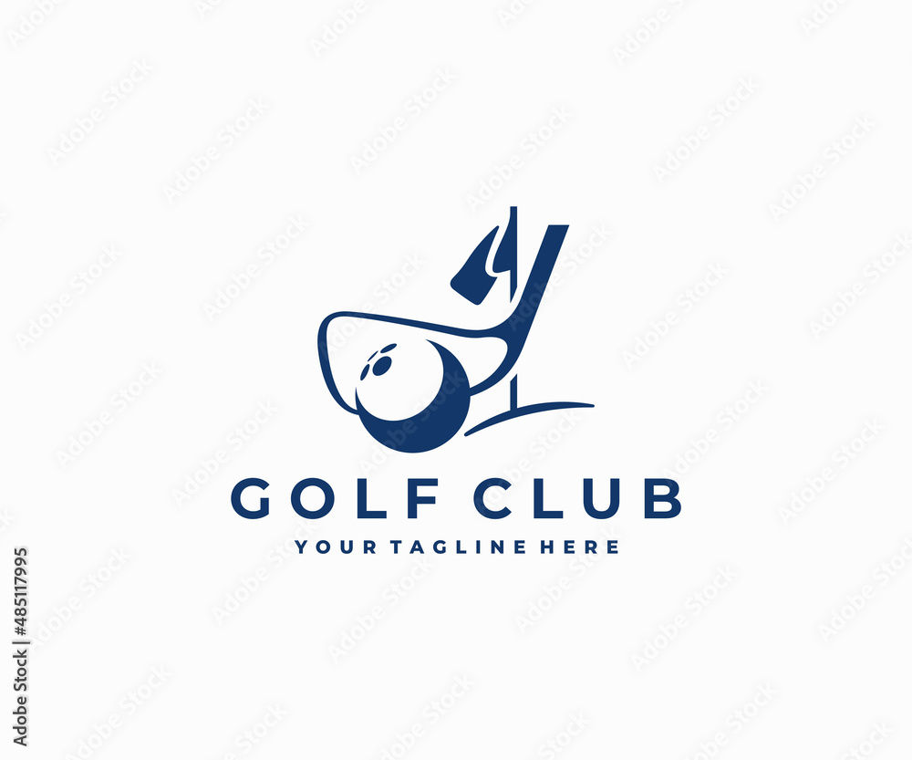 Golf ball with stick and flagstick logo design. Professional golf course with golf ball and club vector design. Golf club taking a shot and flagstick on grass field logotype Golf ball with stick and flagstick logo design. Professional golf course with golf ball and club vector design. Golf club taking a shot and flagstick on grass field logotype