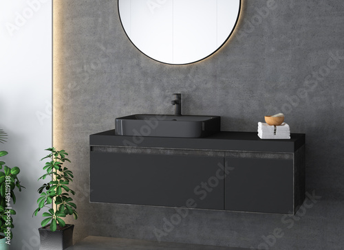 Black bathroom sink standing on a wooden bathroom furniture. A square mirror hanging on a concrete wall. A close up. Side view. 3d rendering