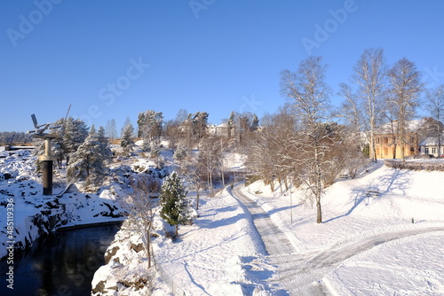 Honefoss River and snow, Honefoss, Buskerud, Norway photo