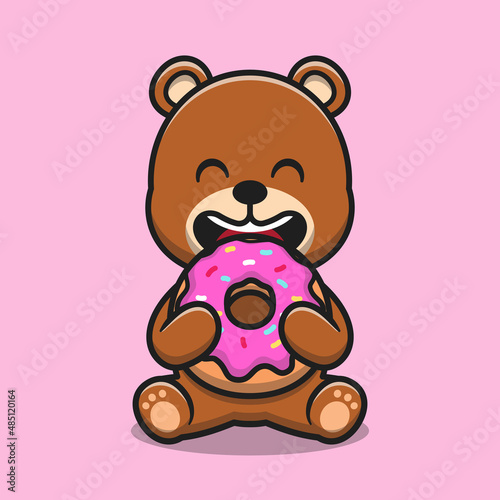 Cute bear eating doughnut cartoon vector icon illustration