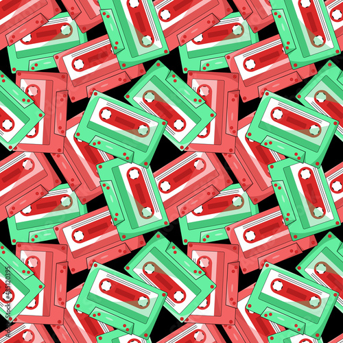 Vector retro cassette tapes drawn in a simple style. Vintage illustration in green and pink. Seamless pattern