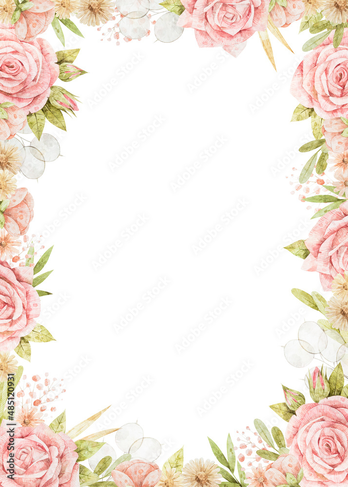 Watercolor frame with roses, lunaria, leaves and sprigs. Decoration for wedding invitations or greeting cards. Pink hand-drawn border with different flowers.