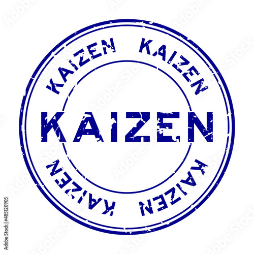 Grunge blue kaizen word round rubber seal stamp on white background