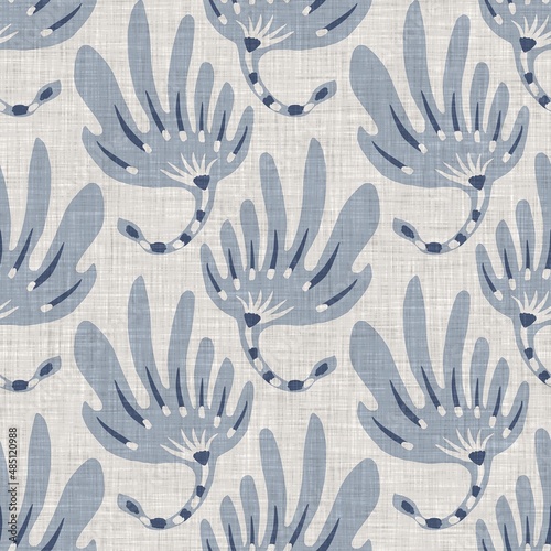 French blue floral linen seamless pattern with 2 tone country cottage style botanical motif. Simple vintage rustic fabric textile effect. Primitive modern shabby chic design.