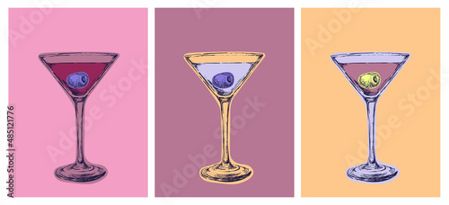 Set of Colored Martini Cocktails with Olives Vector Illustration. Party. Martini Happy Hour. artificial art